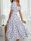 Women's Square-Neck Floral Puff Sleeve Dress – Drawstring Split Midi Dress