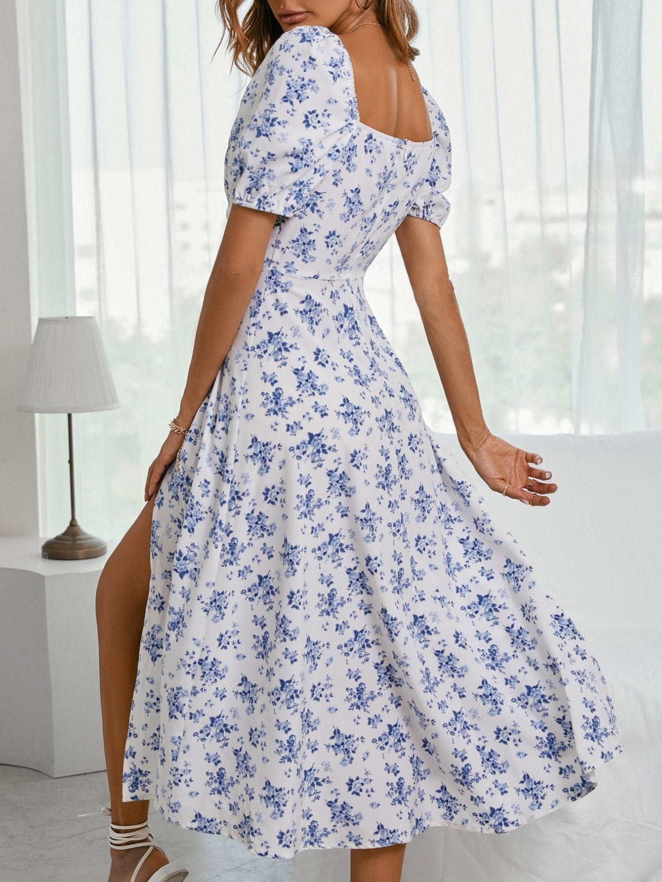 Women's Square-Neck Floral Puff Sleeve Dress – Drawstring Split Midi Dress