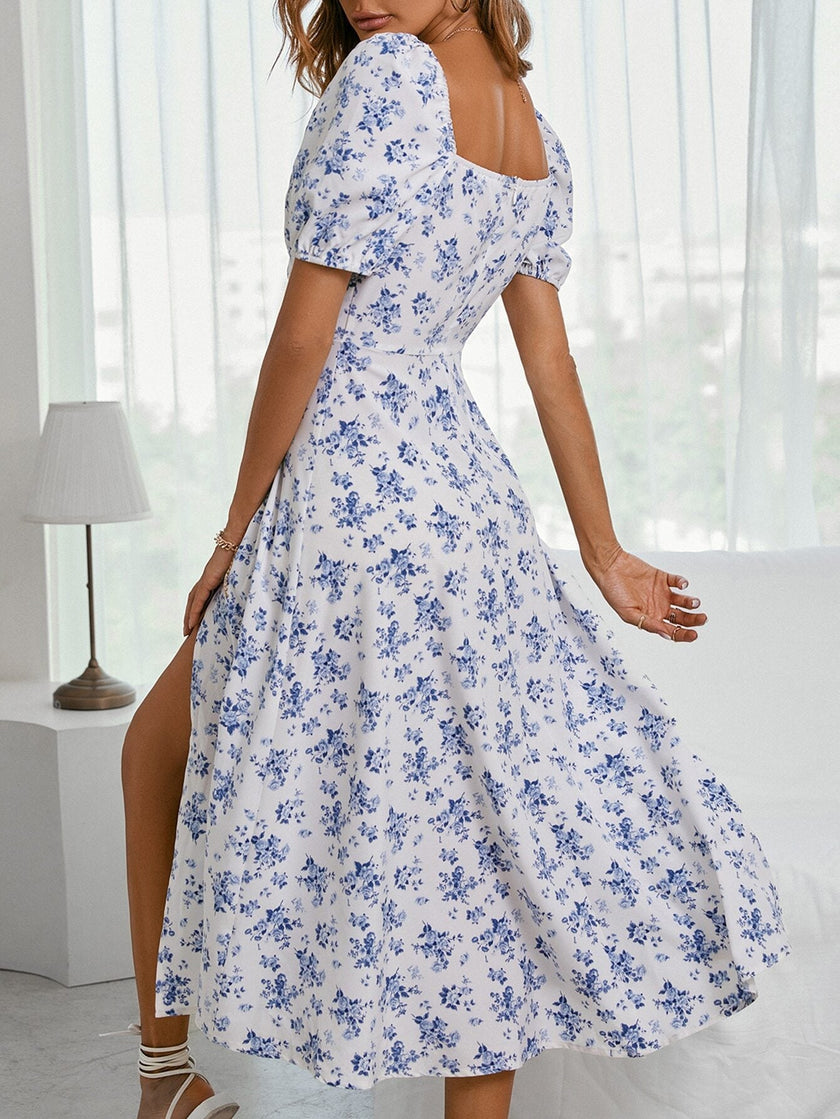 Women's Square-Neck Floral Puff Sleeve Dress – Drawstring Split Midi Dress