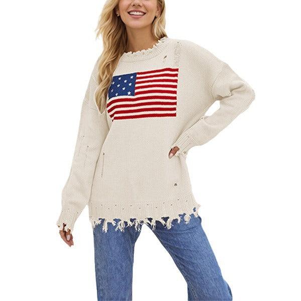 Women's Loose Round Neck Fashion Sweater | National Flag Print Knit Top