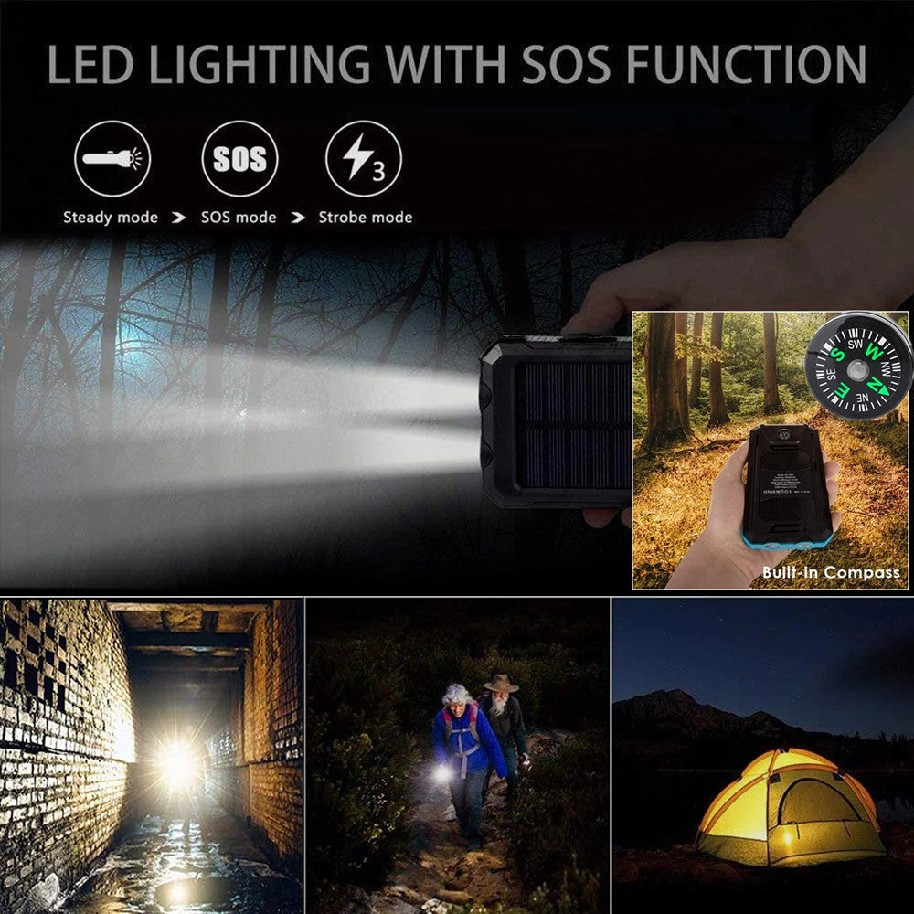 Solar Power Bank 10000mAh – Waterproof, LED Flashlight, SOS, Compass & Carabiner