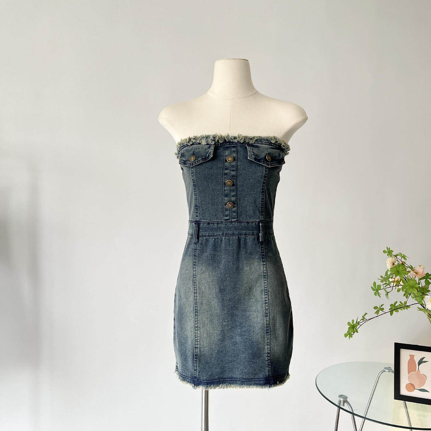 Design Waist-tight Tube Top Raw Edge Denim jeans mini club Dress