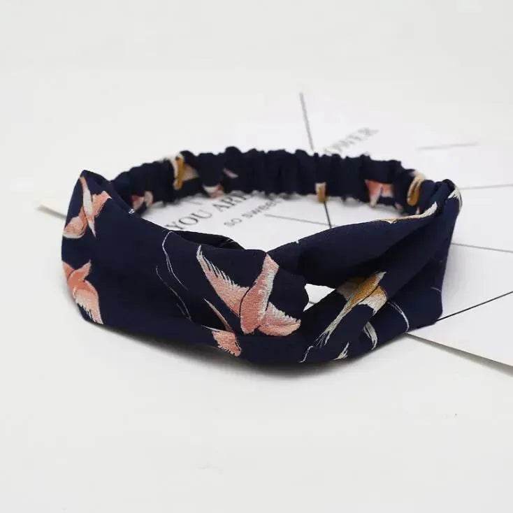 Women Retro Style Knotted Hairband floral Print Cross Headband
