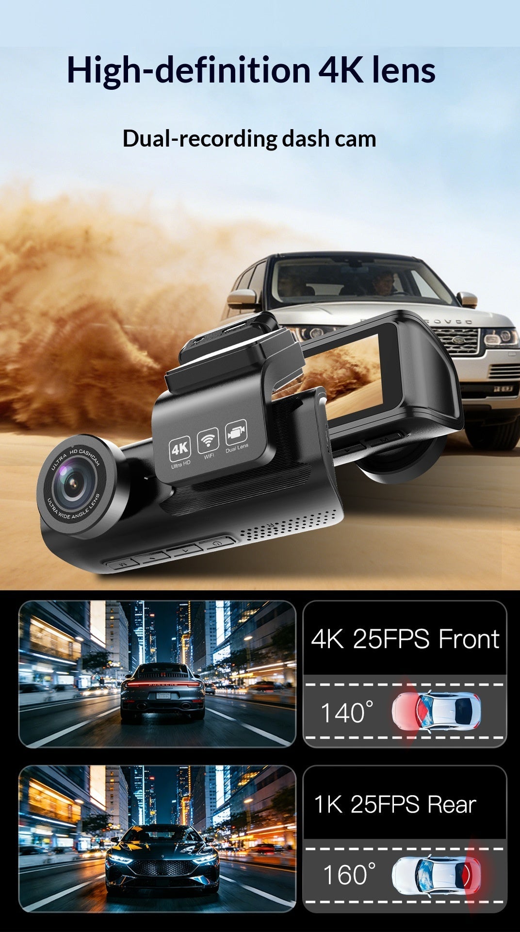 4K Dual Dash Cam with WiFi & GPS – Front and Rear Car Dashboard Recorder for Canada & USA