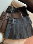 Women's American-style Vintage Mini  Pleated Leather Skirt