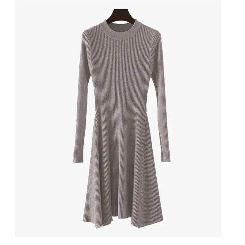 Autumn Winter Round neck Slim fit Mini Flared Sweater Dress