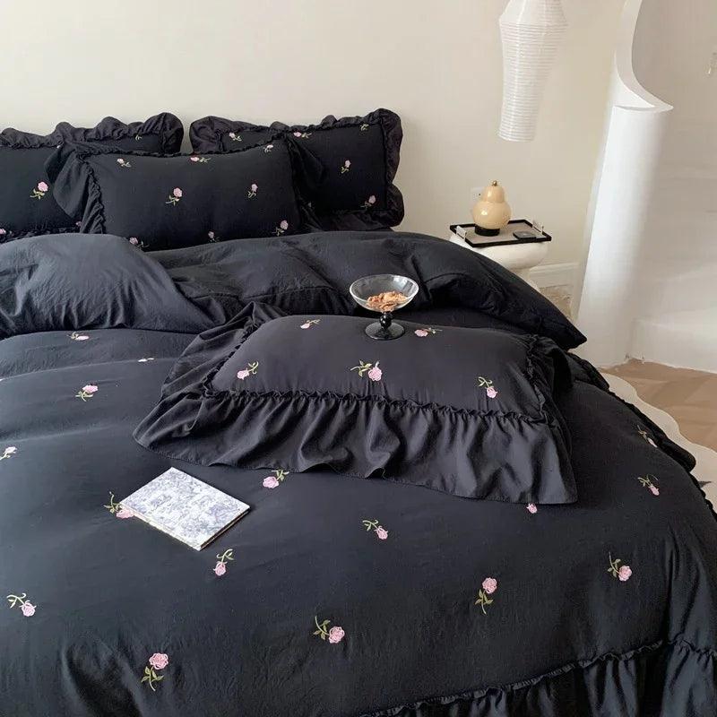 Embroidered Wide Edge Floral Washed Cotton Four-piece Duvet Cover Bedding Set