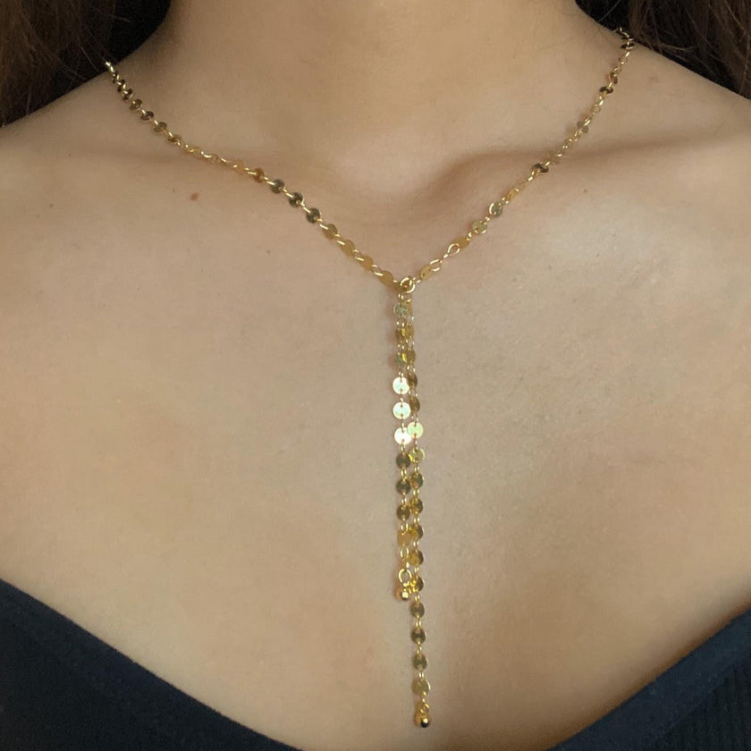 Disc Chain Necklace With Double Drop In Gold Plate