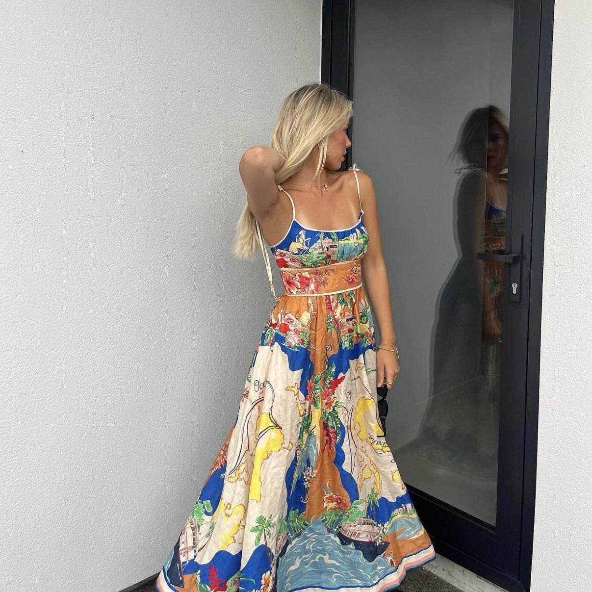 Elegant Ladies Spaghetti strap Vacation Resort Boho Floral Summer Maxi dress