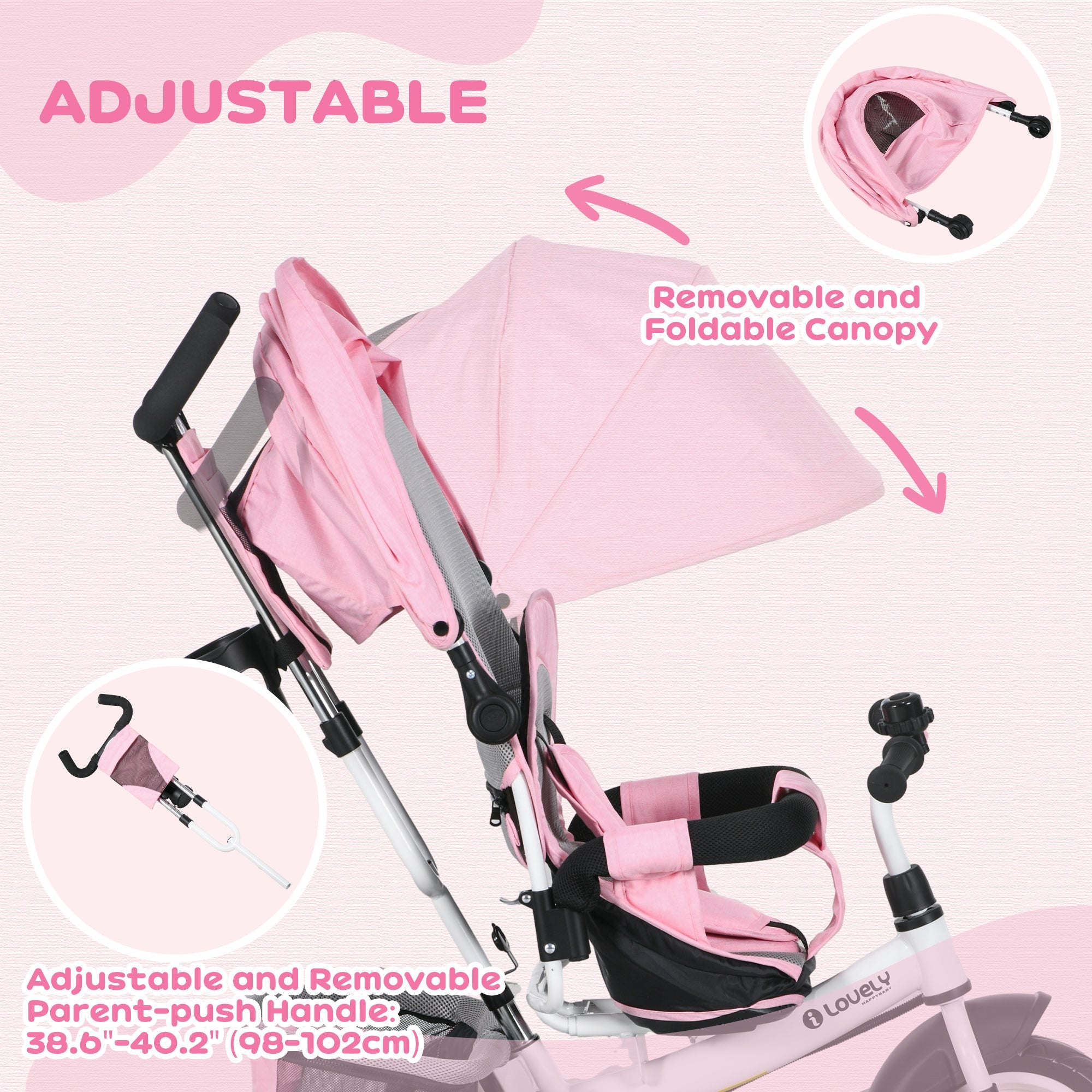 Qaba Convertible 4-in-1 Toddler Tricycle with Parent Handle for Kids 1-5 Years Outdoor Play Pink