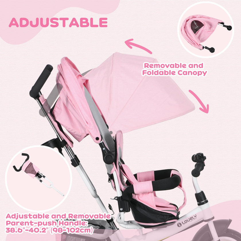 Qaba Convertible 4-in-1 Toddler Tricycle with Parent Handle for Kids 1-5 Years Outdoor Play Pink