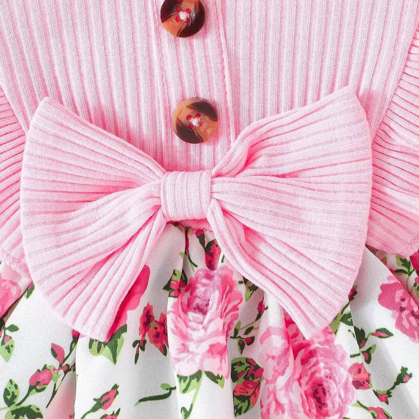 Newborn baby girl Winter floral Printed Bow Dress Suit Baby girl Dress outwear for girls plus head bowtie Baby girl pink dress