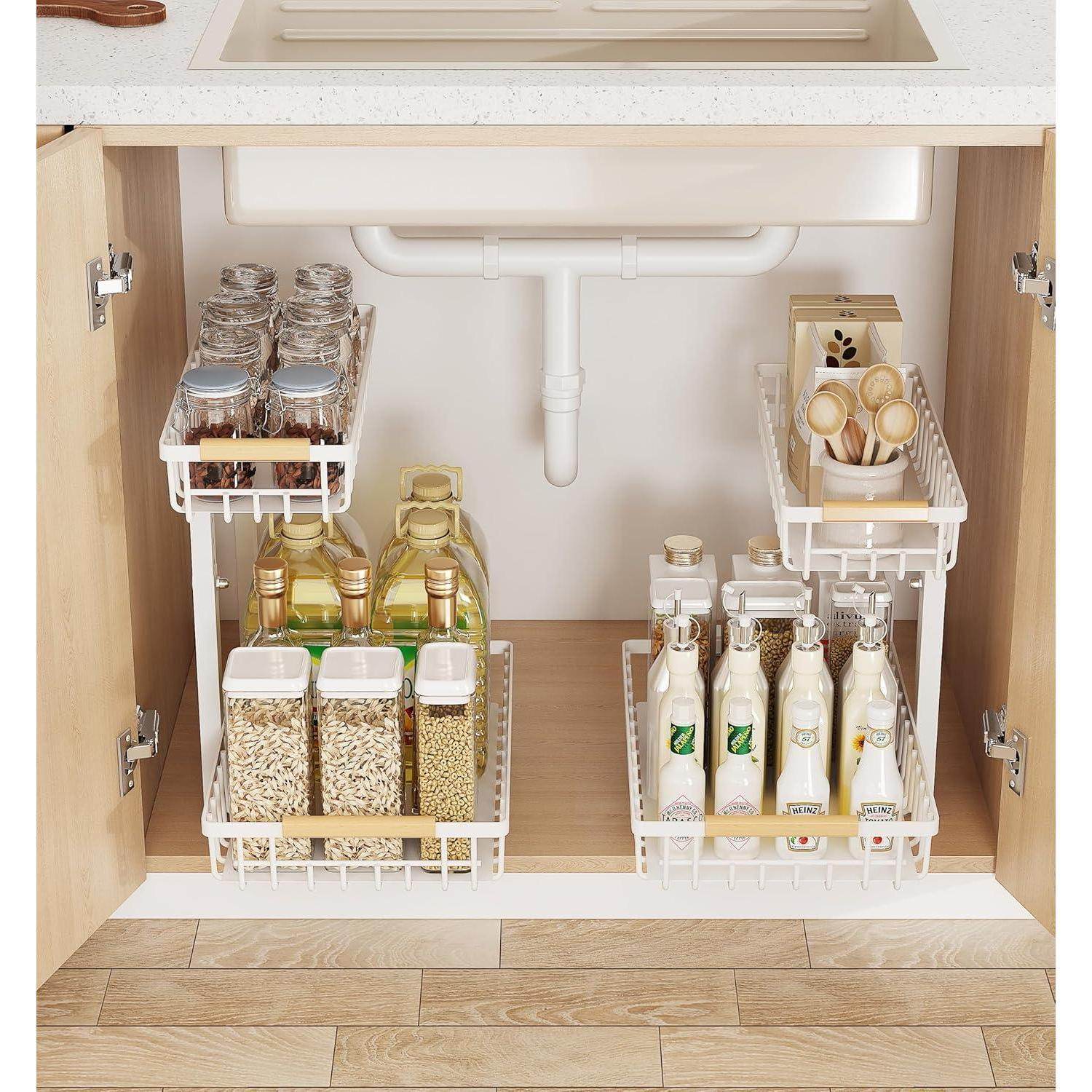 Metal Adjustable Height Two-Tier Drawer Kitchen Bathroom Under Sink Storage Rack
