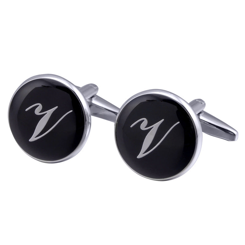 Men's Black Round Enamel Initial Letter Cufflinks – Brass & Crystal Formal Cufflinks A–Y | Canada & USA