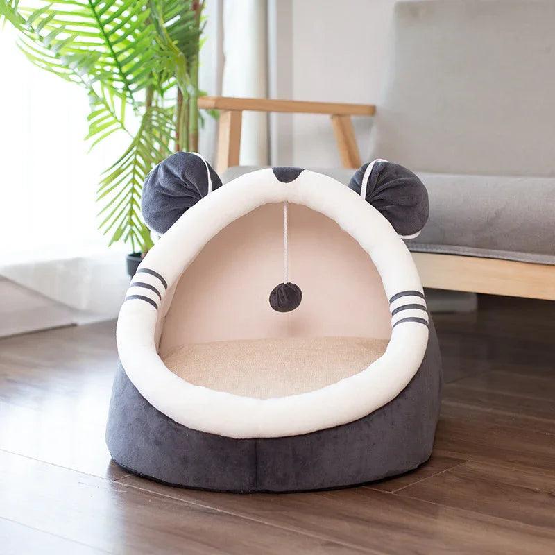 Enclosed Cat Cave Bed – Plush Winter Kennel with Dangling Toy | Bear, Cat, Mickey & More