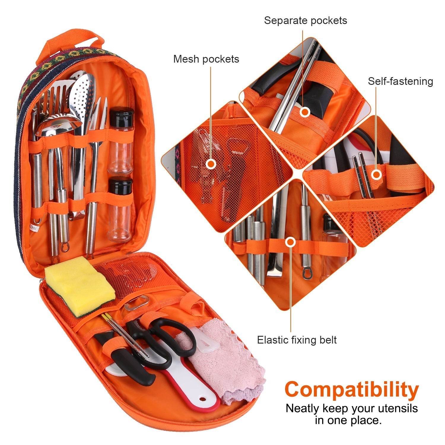 Camping Cooking Utensil Kit 19Pcs Portable Picnic Cookware Outdoor Kitchen Equipment Gear Campfire Barbecue Appliances With Storage Bag