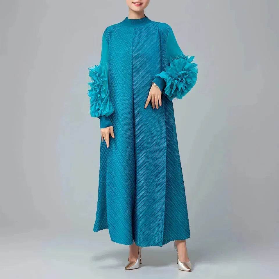 Middle East Plate Flower Loose Plus Size Pleated Extended Dress Oganza Long Sleeve Maxi Dress for Occasional events