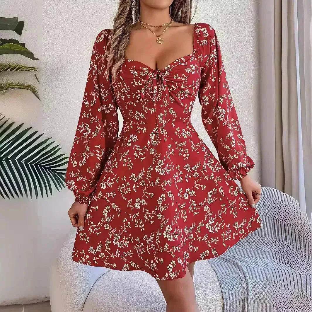 Casual Summer Floral Mini Dress Lantern Sleeve  Skater Dress
