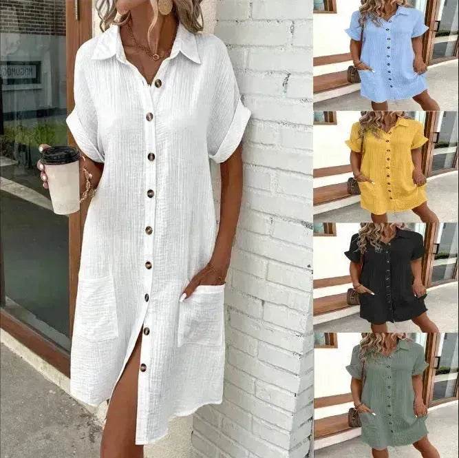 Womens Button Down Shirt Dress Summer Cotton Linen Dress V-Neck Mini Dress Casual Short Sleeve Loose Tunic Dresses