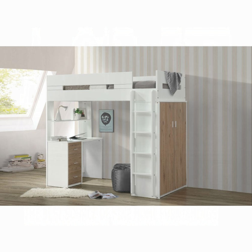 Lilo Twin Bunk/Loft Bed W/Workstation & Wardrobe - White/Oak