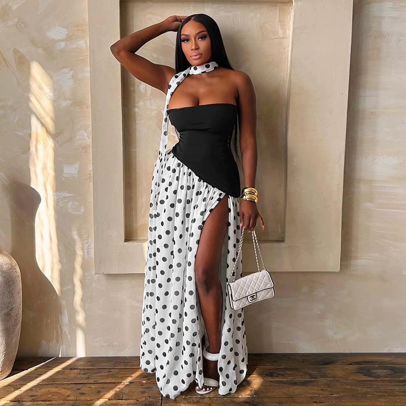 Women's Polka-Dot Halterneck Slip Dress | High Slit, Ribbon Tie, Summer Maxi