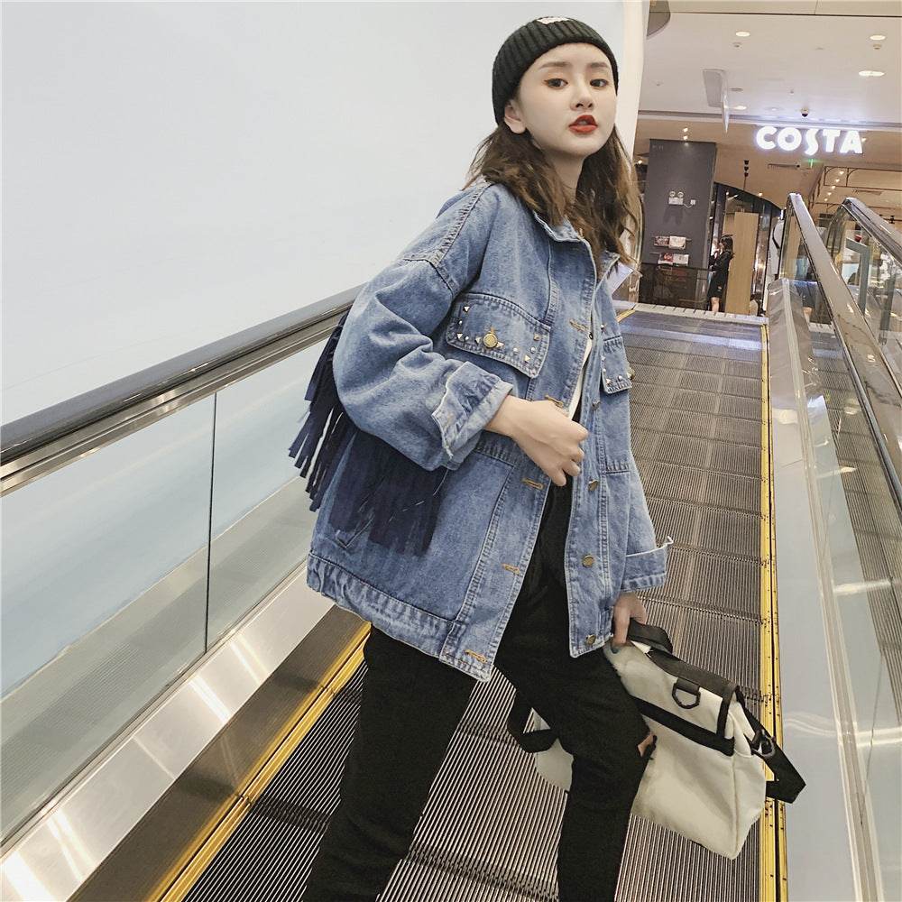 Elegant women Oversized Embroidered Tassel Fringe Denim Jacket