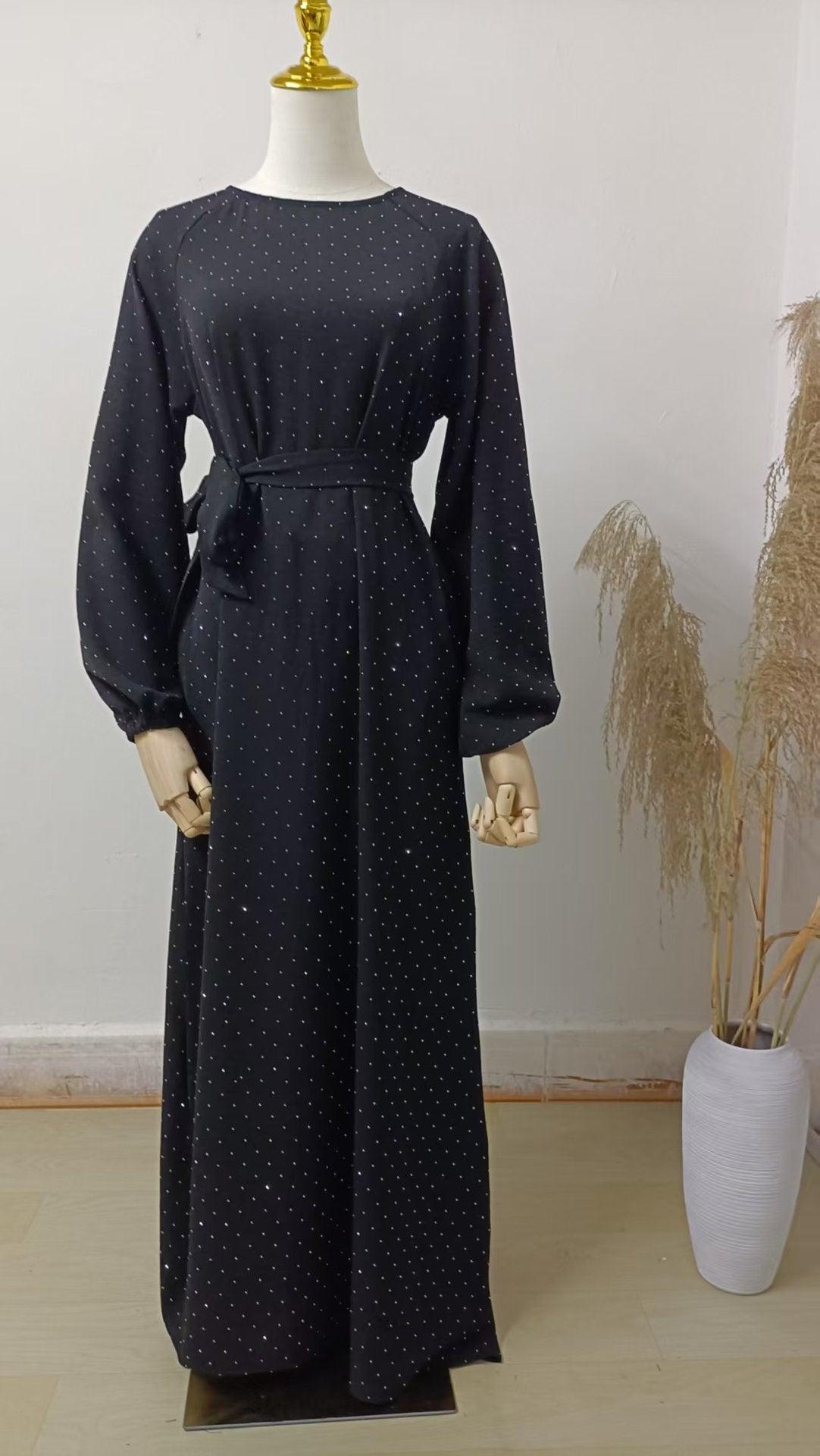 Muslim Rhinestone Dubai Round Neck Pullover Belt Dress