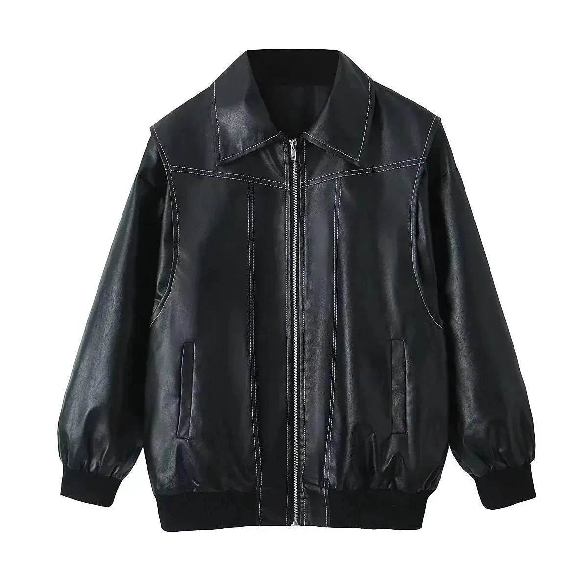 Oversized Fashion Zip-up Lapel Leather Jacket for women
