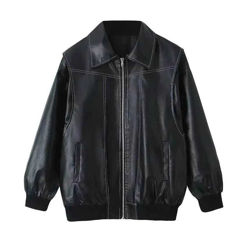 Oversized Fashion Zip-up Lapel Leather Jacket for women