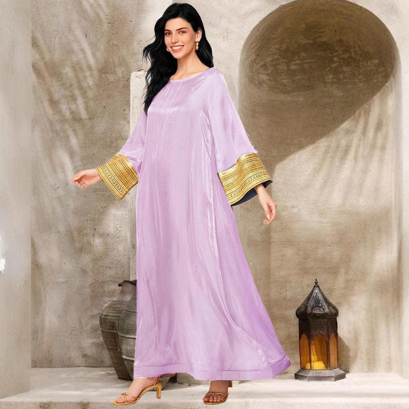 Women’s Kaftan Maxi Dress – Elegant Loose Abaya Gown with Gold Embroidered Sleeves | Modest Islamic Long Dress
