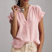 Women's Casual V-Neck Cotton-Linen Blouse Top Summer Ruffle Short-Sleeve Solid Color Office Daily Wear Shirts
