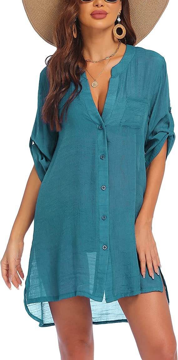 Women's Linen Beach Shirt Dress – Lightweight Sun Protection Cover-Up (S–3XL, 5 Colors)