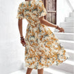 Women Bohemian Spring Short sleeve Casual flowy V-neck Tie belt Floral Summer Midi Dress