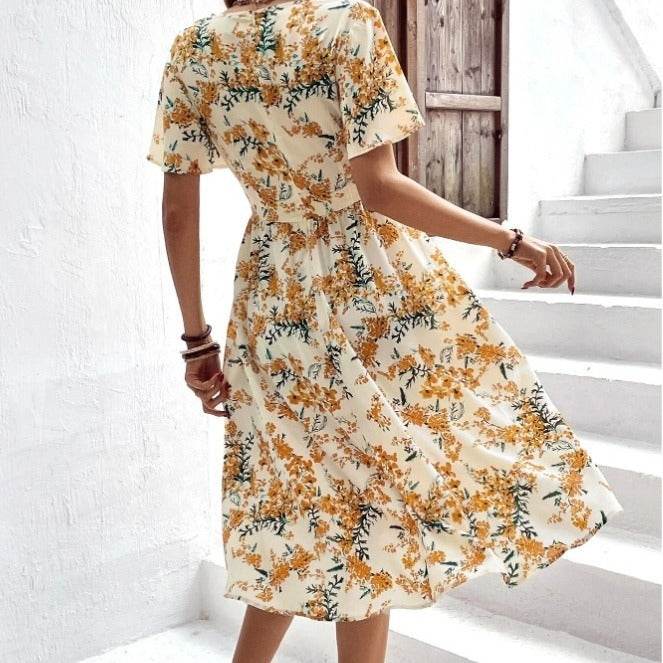 Women Bohemian Spring Short sleeve Casual flowy V-neck Tie belt Floral Summer Midi Dress