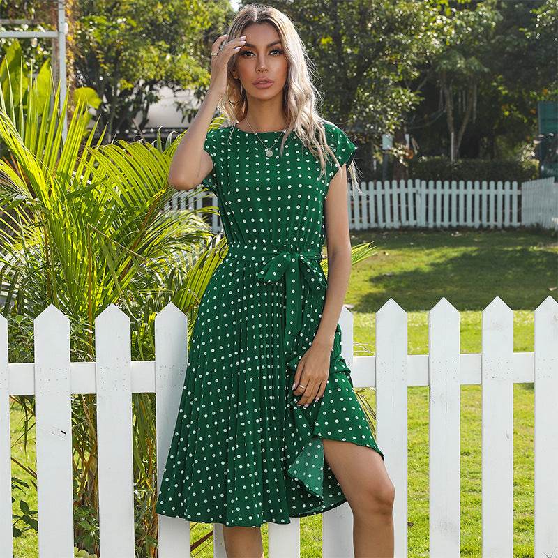 Summer Women Polka Dot Short Sleeve Dress Casual Pleated Midi Dresses Elegant Green Office Lady Clothing