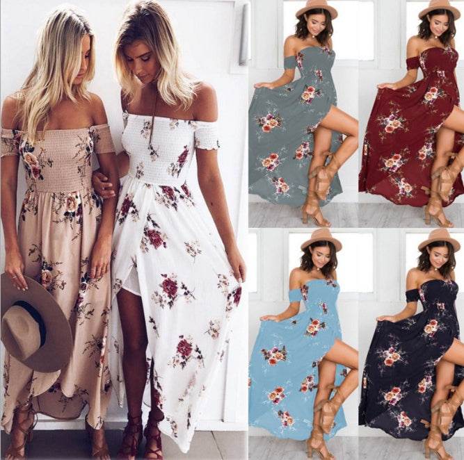 Elegant Ladies Summer Boho Vacation Resort Slit Maxi dress off shoulder Long floral Beach summer slit dress