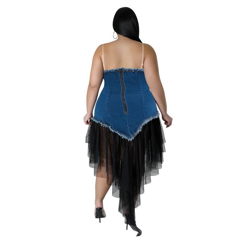 Women's Fashion Sleeveless Denim Stitching Mesh Jeans Tassel Dress