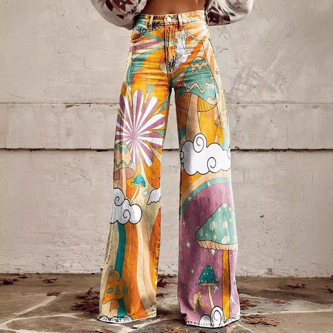 3D Novelty Print Wide Leg Jeans – Loose Fit Graphic Denim Pants