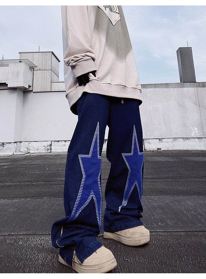 Five-pointed Star Embroidery Denim Horn Loose Straight Casual All-match Mop Jeans Baggy Trousers Men