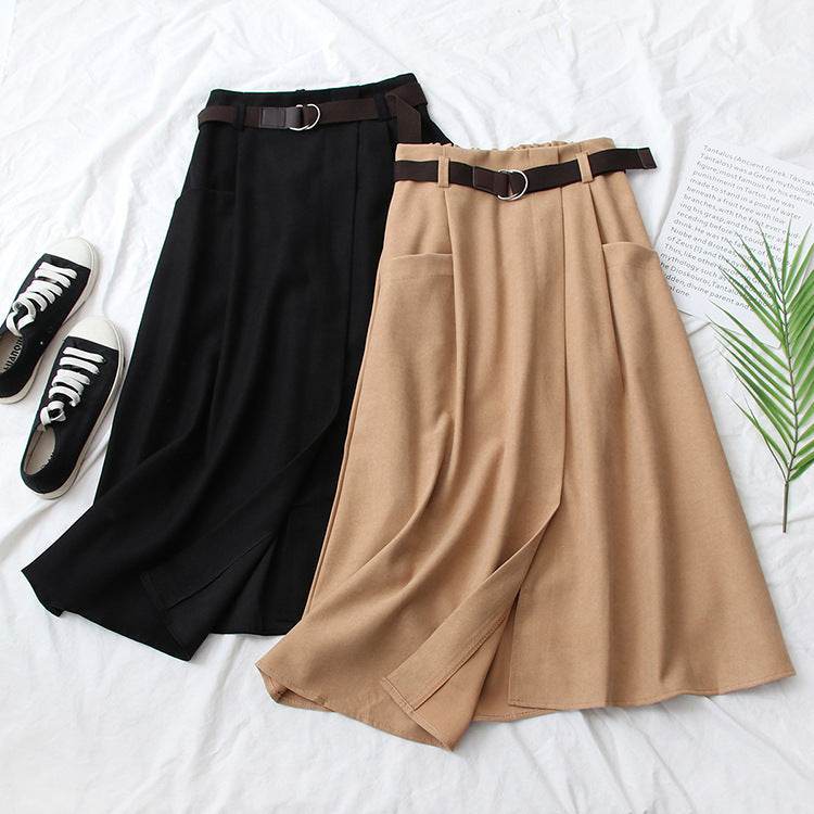 Solid Color Leisure Artistic Pocket High Waist Irregular flared Midi Skirt for work women