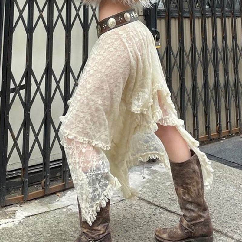 Fashionable Retro Trendy Irregular Midi Lace Skirt