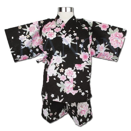 [Pre-Order] Girls' Jinbei Set: Flower Cart - Black 2-Piece Set (Textured Cotton) (Save 50% in January)