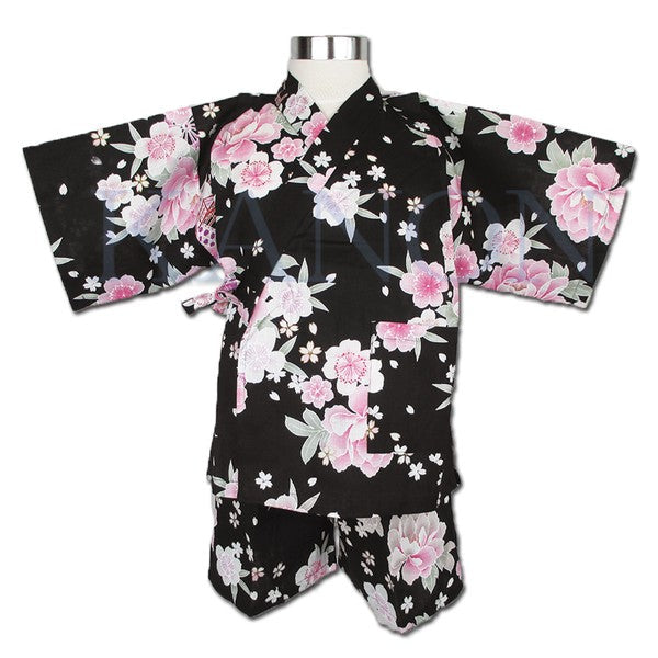 [Pre-Order] Girls' Jinbei Set: Flower Cart - Black 2-Piece Set (Textured Cotton) (Save 50% in January)