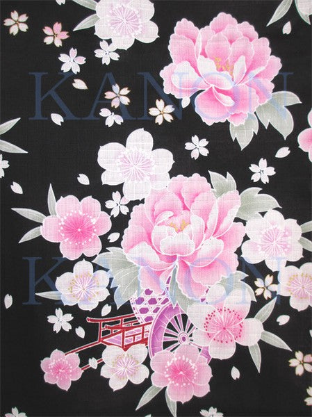 [Pre-Order] Girls' Jinbei Set: Flower Cart - Black 2-Piece Set (Textured Cotton) (Save 50% in January)