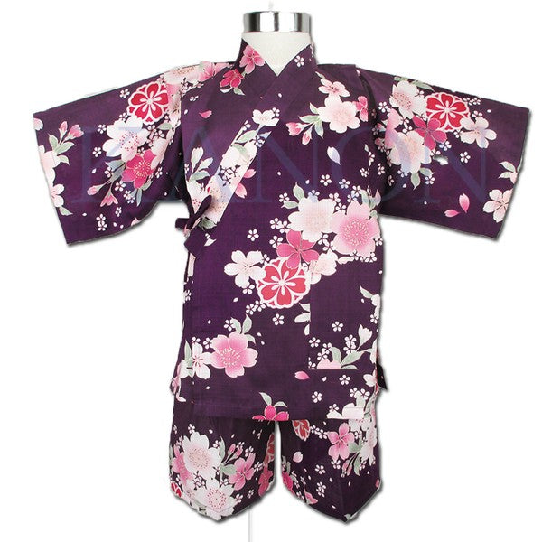 [Pre-Order] Girls' Jinbei Set: Cherry Blossoms - Purple 2-Piece Set (Textured Cotton) (Save 50% in January)