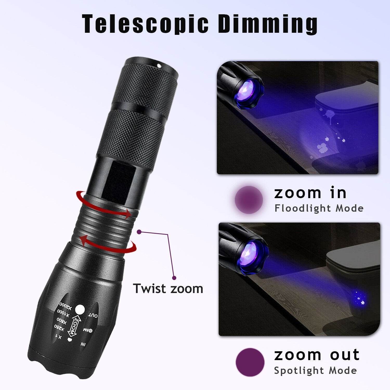 UV Torch Ultra Violet Flashlight Zoomable Blacklight Lamp LED Super Bright 250000lm 2 In 1 395nm Mini Pocket Inspection Light 2 Pack