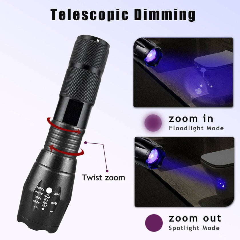 UV Torch Ultra Violet Flashlight Zoomable Blacklight Lamp LED Super Bright 250000lm 2 In 1 395nm Mini Pocket Inspection Light 2 Pack