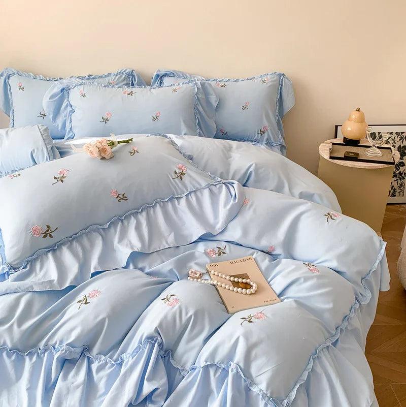 Embroidered Wide Edge Floral Washed Cotton Four-piece Duvet Cover Bedding Set