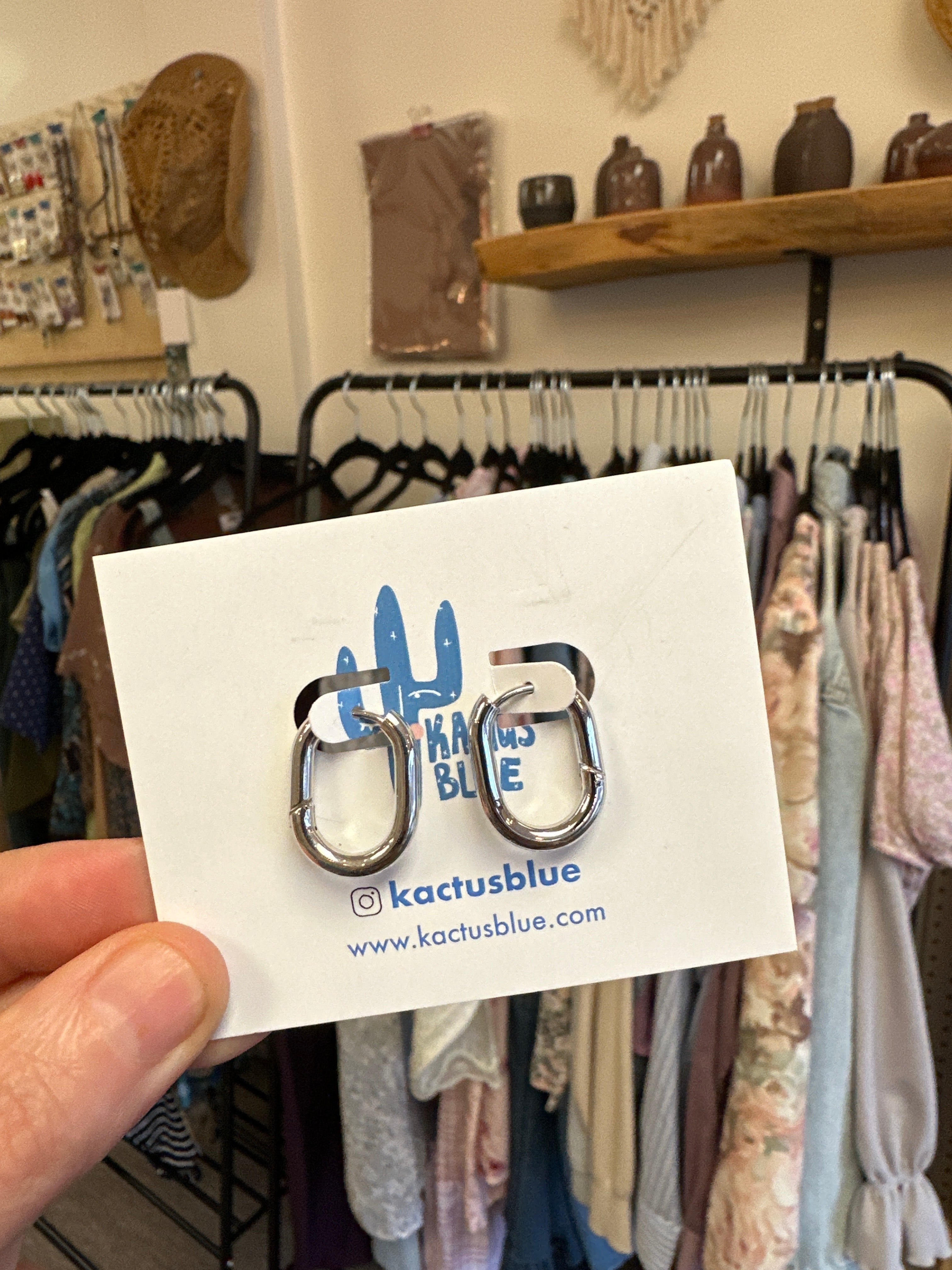 Kactus Blue Silver Oval Hoops