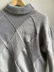 Vintage Grey Diamond-Patterned Turtleneck Sweater